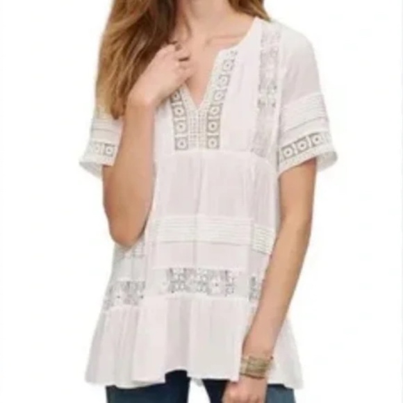 Anthropologie Maeve White Sheer Tiered Lace Crochet Boho Babydoll Tunic Medium - Picture 1 of 8